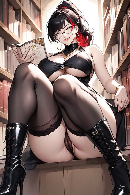 Wearing Black Jacket with Gold Accents and Nylons, Reading Seductively in Hentai AI Porn