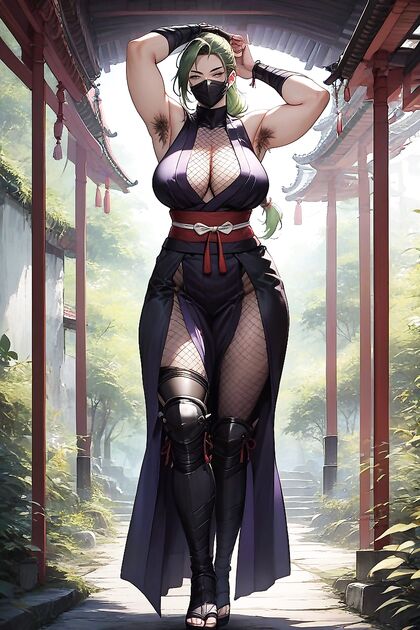 Slightly Plump Woman in Black Ninja Mask with Hairy Armpits Enjoying Hentai AI Pleasure