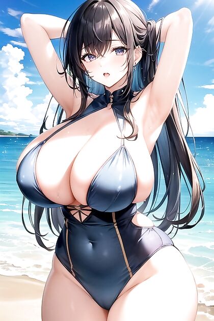 Very Plump Woman Raises Her Hands on the Beach in Steamy Hentai AI Image