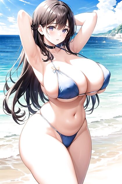 Topless Girl 18+ with Huge Tits Enjoys Beach Fun in Steaming Hentai AI Image
