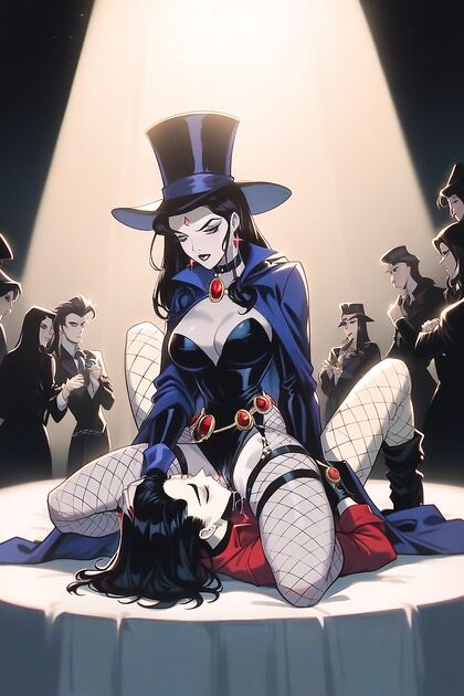 Zatanna's Magical Seduction - Black Top Hat, Red Stripe, and Fishnets in Hentai AI Image