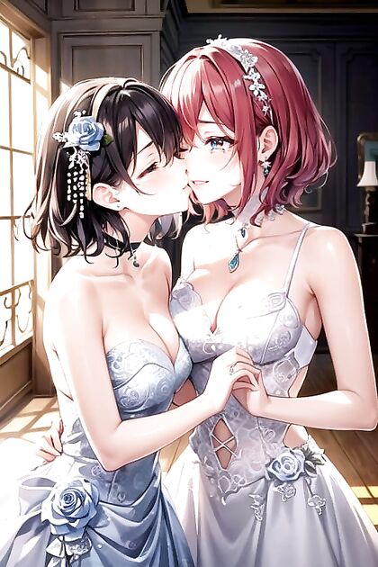 Lesbian Lovers Ahegao and Passionate Kisses in Steamy Hentai AI Image
