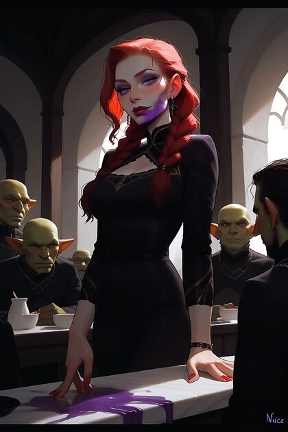 Incarnate Style, Purple Paint, Twin Braids in Black Dress for Hot Hentai AI Image