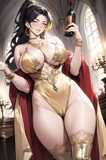 Gray-Eyed Beauty Sips Wine Before Seductive Frontal Hentai AI Image