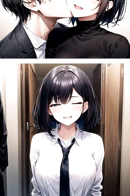 Black-Haired Beauty and Her Lover Share Passionate Kisses in Blouse Hentai AI Porno