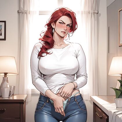 Wearing Shirt and Jeans, Showing Off*lacy*Panties While Raising Her Hands in Hentai AI Image