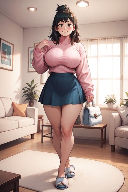 Inko Midoriya's Busty Charms in a Pink Sweater for Steamy Hentai AI Image