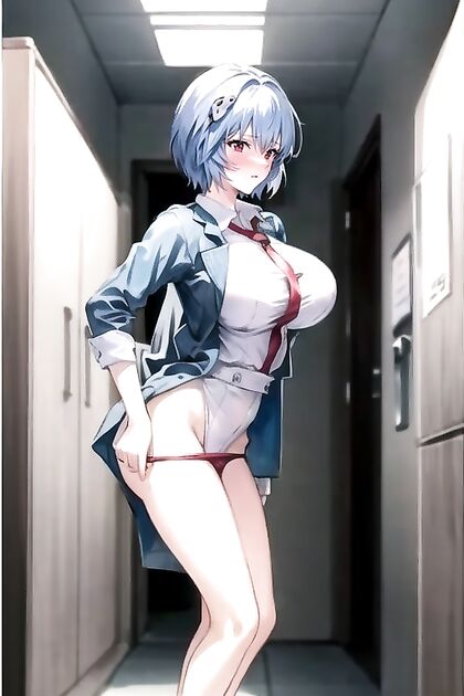 Ayanami Rei from Evangelion Blushes as Her Panties Are Slid Off in Naughty Hentai AI Image