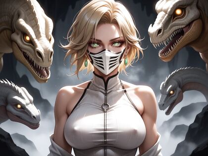 Masked Ball Beauty with Giant Dinosaur andFit Breasts in Hentai AI Image