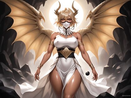 Monster Woman with Covered Erect Nipples Surrounded by Many People in Hentai AI Image