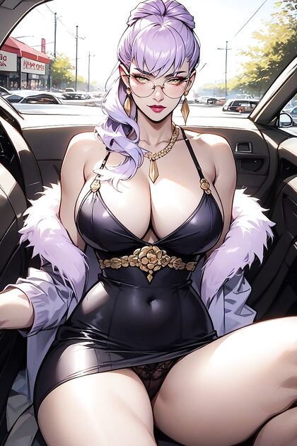Tight Black Miniskirt with Gold Accents and Round Purple Sunglasses in Steamy Hentai AI Image