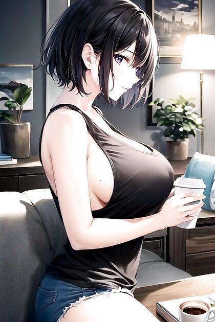 Black-Haired Beauty Shows Off Her Side Boobs in Living Room Hentai AI Image