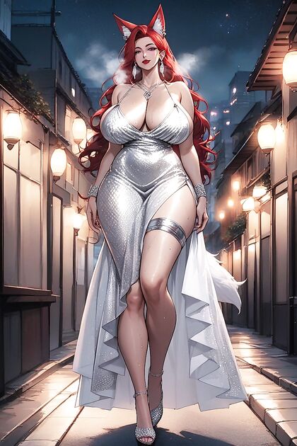 Sensual Thick-Thighed Vixen with Saggy Tits and Striped Fox Tail in Hentai AI Image