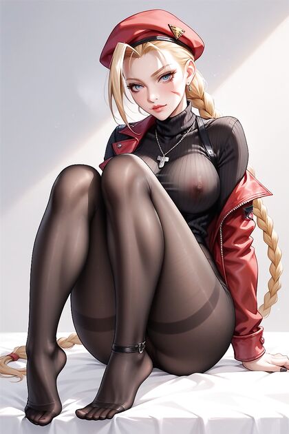 Cammy Wearing Socks and Sheer Black Nylon Tights in Seductive Hentai AI Image