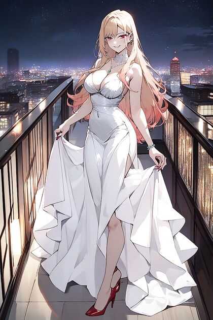 Kitagawa Marin from Sono Bisque Wa Koi wo Suru in a Sultry Red Silk Evening Dress Hentai AI Image