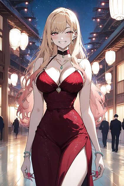 Kitagawa Marin Wears Red Silk Dress for Steamy Waist-Shot Hentai Pleasure