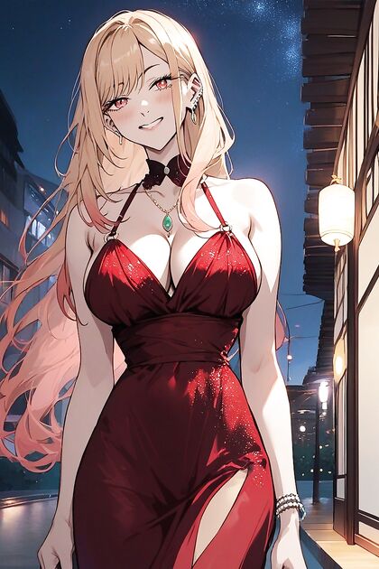 Kitagawa Marin from Sono Bisque Wa Koi Wo Suru Wears Red Silk Dress in Night City Hentai Hentai AI Image