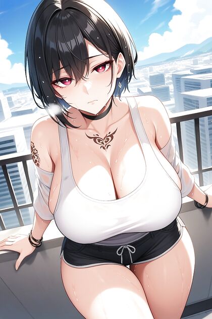 Mature Woman in Hot Pants Enjoying SteamyStraight Hair Hentai AI Image