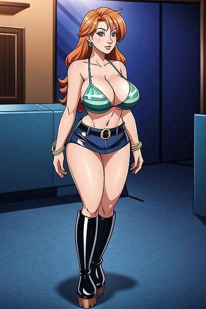 Tight Denim Microskirt and Plunge Neckline with Sexy Latex Platform Boots Hentai AI Image