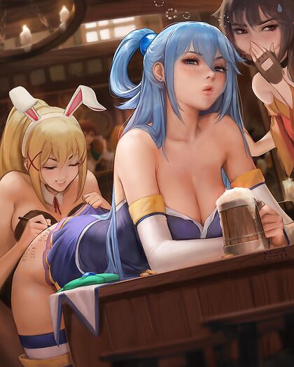 Horny as Fuck! Dark-Skinned Babe in Blue Joining Hot Chick for Some Booze & HEntAI Fun