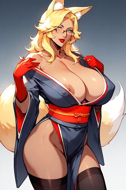 FOX TAILED BEAUTY IN LONG RED GLOVES AND BLACK KIMONO FOR HENTAI PLEASURE
