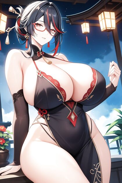 Furred Chest and Heterochromia Babe Exploring Her Hairy Pussy in Hentai AI Image
