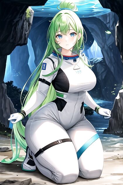 Green-Haired Girl 18+ Gets Rained On in Cave for Steamy Hentai AI Image