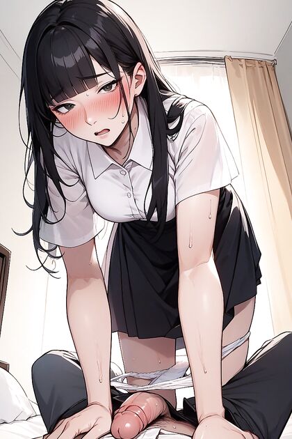 Pale-Skinned Beauty with Raven Hair Lost in Thought in Seductive Hentai AI Image