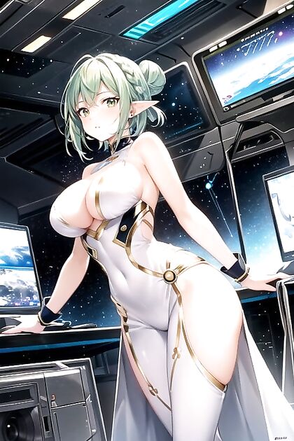 Beautiful Woman with Green Eyes Pilots Cockpit Gundam in Sensual Hentai AI Image
