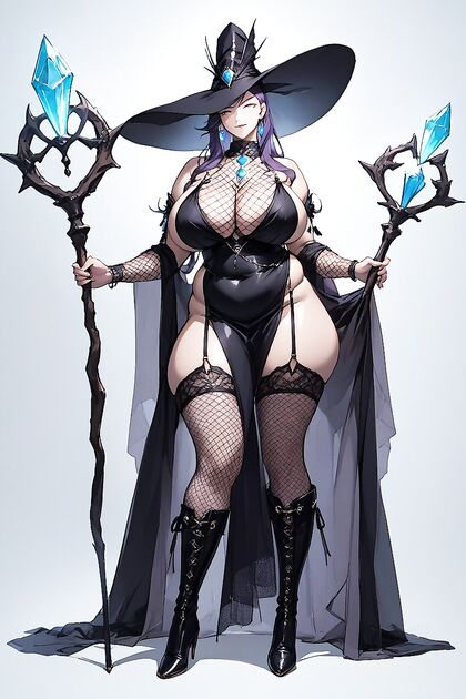 Glowing Emerald Staff and Black Hat slut with Long Natural Bangs in Hentai AI Image