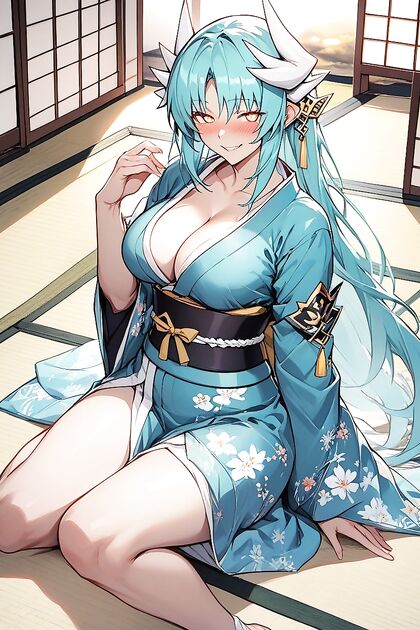 Big Breasted Beauty with Long Cyan Hair Teased on Tatami Mat in Hentai AI Image