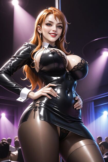 Leather Outfit, Hands on Hips, Thigh-Hugging Panty Removal Hentai AI Porn