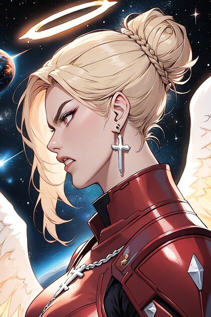 Blonde With Bun and Red Armored Forearms Seduces on a Volcanic Lava Planet