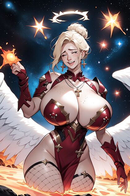 Space slut adorned with cross necklace gets naughty all over her body in steamy Hentai AI Image