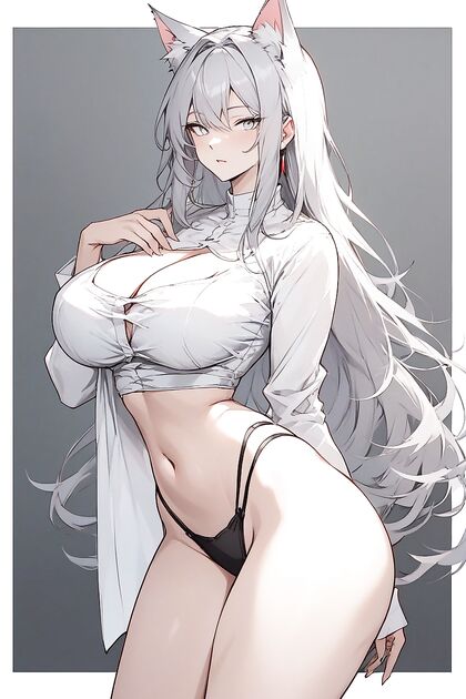 Gray-Colored Girl 18+ with Cat-Eared Cuteness and Big Round Eyes in Hentai AI Image