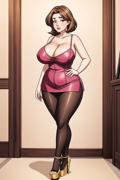 Milf with Massive Fake Boobs in Platform Heels Dominates Hentai AI Image