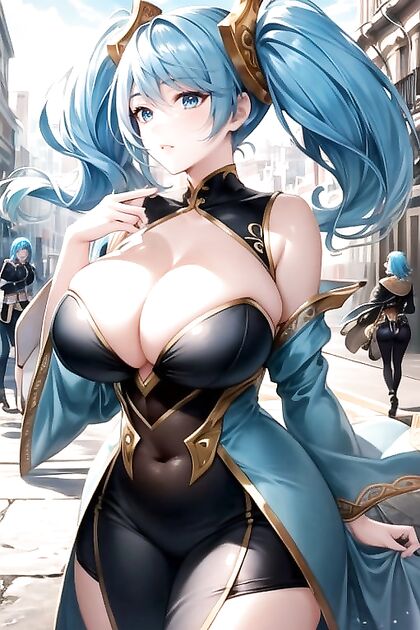 Sona from League of Legends Takes the City by Storm in Windy Hentai AI Image