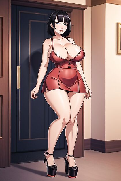 Excessive Cleavage and Seductive Stares in Platform Heels Hentai Hentai AI Image
