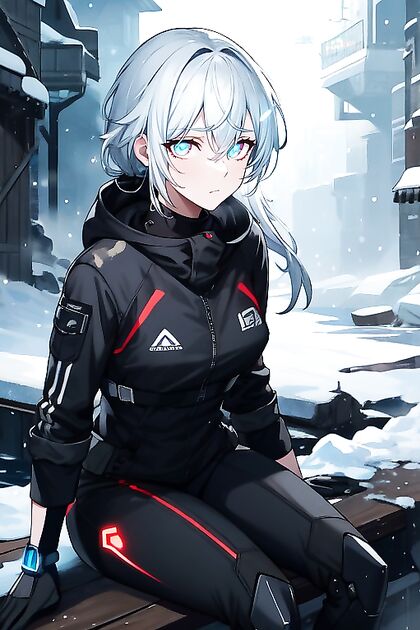 Futuristic Combat Android with Carbon Fiber Plating Takes a Seat by Frozen River