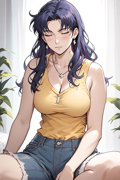 Misato Katsuragi Seduces an Elderly Man in CasualClothes with BlackPrintedPanties Hentai AI Porn