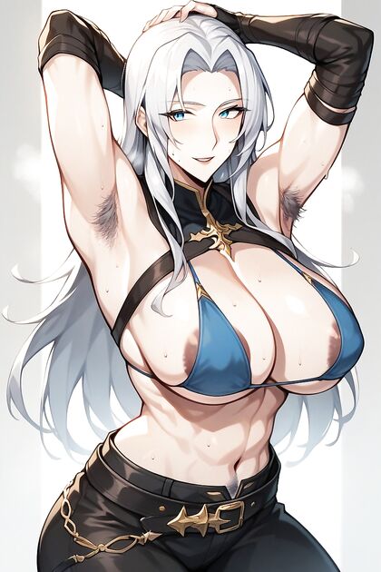 Silvery-Haired Warrior in Black Knight Pants and Boots Wields Sword in Oily-Skinned Hentai Fantasy