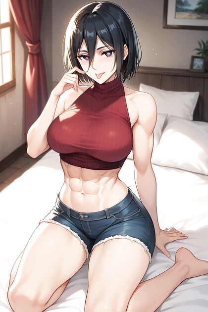 Mikasa Ackerman from Attack on Titan Kneeling with Perfect Abs in Hentai AI Image