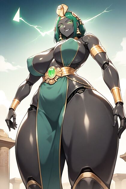 Robot Body With Ancient Egyptian Robe and Glowing Green Eyes in Steamy Hentai AI Image