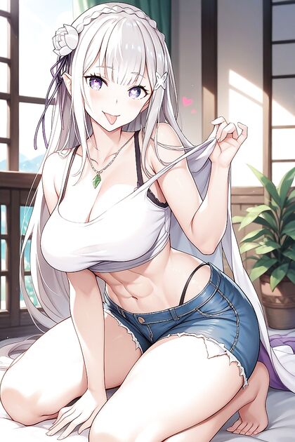 Emilia from Re -Zero Kneels in Seductive Jean Shorts for Hentai Pleasure