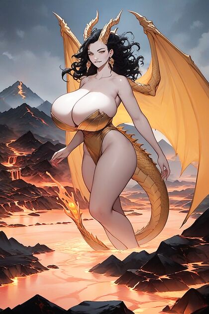Curly-Haired Golden Dragon Woman Seduces in Mesmerizing Hentai AI Image