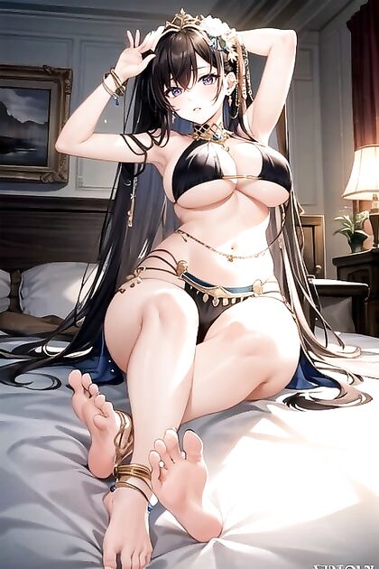 BustyBrunetteBellyDancerinExoticOutfithBigBoobs&BareFeetHentaiHentai AI Image