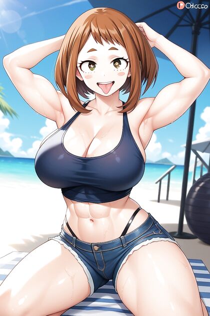 Ochaco Uraraka's Open-Mouth Smile and Kneeling Pleasure in My Hero Academia Hentai Hentai AI Image