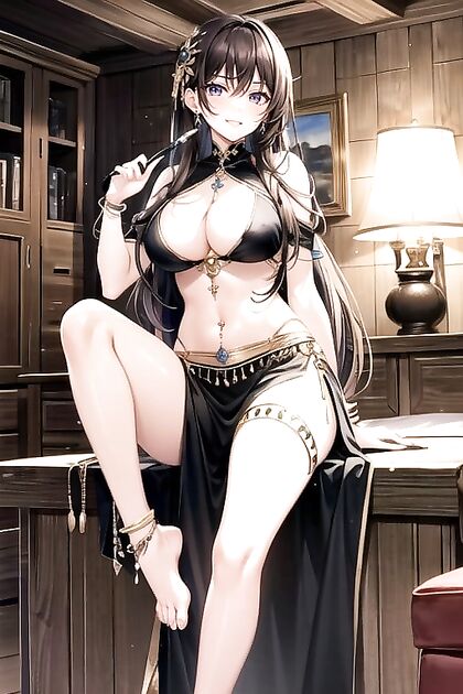 FitBrunettewithBellyPiercingandExoticOutfitHoldingWhipinBedroomAIHentHentai AI Imageo