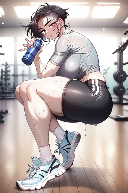 Gym Session with Fair-Skinned Beauty Staring Intensely at You in Hentai Hentai AI Image