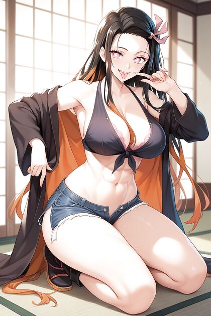 Open-Mouth Smile, Tongue Out, Six-Pack Abs in Horny Hentai AI Image